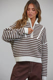 HSW1288 Preppy Californian Half-zip Striped Sweater-Ecru: ECRU / S-M-L (3-2-1)