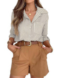 Vertical Stripe Button-Up Shirt with Rolled Sleeves: Khaki / XL