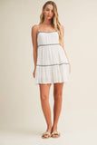 TAPE TRIM WITH SHIRRED TIERED ROMPER DRESS: SNOW WHITE / S