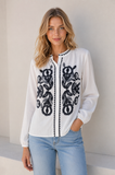 S26111433-Boho Navy Floral Embroidery & Zigzag Trim: White / L