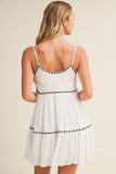 TAPE TRIM WITH SHIRRED TIERED ROMPER DRESS: SNOW WHITE / M