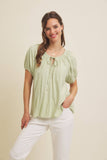 LIGHTWEIGHT STRIPE FLARE PEASANT BLOUSE WITH PUFF SLEEVES: SKY BLUE / M