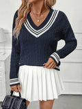 V-Neck Cable Knit Sweater with Contrast Stripes: Navy / M