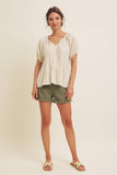 LIGHTWEIGHT STRIPE FLARE PEASANT BLOUSE WITH PUFF SLEEVES: SKY BLUE / L