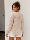 ✅ ✨ C25111410-Natural Stripe Button Henley Blouse 🌸: Coffee / M