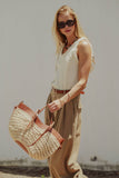 Woven Raffia & Leather Trim Double Strap Tote: Tan