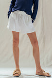 Linen Blend Elastic Waist Drawstring Shorts: White / S-M-L:2-2-2