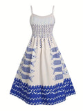 Ocean fish resort slip flared dress: Red / L