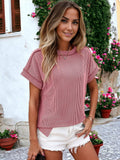 Striped Textured Round Neck Short Sleeve T-Shirt: White / Medium 8-10