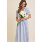 EMBROIDERED GINGHAM MIDI DRESS WITH PUFF SLEEVES: POWDER BLUE / M