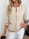 Zip-Front Knit Cardigan with Contrast Trim: Beige / S