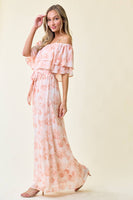 Chiffon Floral Off Shoulder Dress - 26177D: L / Blush