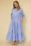 Striped Poplin Collared ¾ Sleeve Tiered Button Up Maxi Dress: Lt. Blue Stripes / L