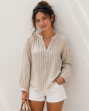 ✅ ✨ C25111410-Natural Stripe Button Henley Blouse 🌸: Coffee / S