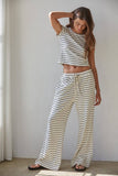L8907B | Knit Striped Waist Elastic Band Tie Flare Pants : Cream Black / L