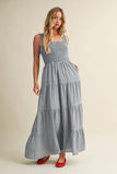 STRIPED SMOCKED-BODICE TIERED DRESS: DENIM / L
