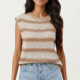 Sleeveless Striped Knit Top with Shoulder Button Detail and Relaxed Fit: Black / Large 12-14