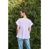 DROP SHOULDER SPLIT NECK STRIPE PEPLUM TOP: CORAL / M