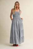 STRIPED SMOCKED-BODICE TIERED DRESS: DENIM / L