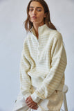 HSW1288 Preppy Californian Half-zip Striped Sweater-Ecru: ECRU / S-M-L (3-2-1)