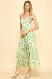 SATIN SLIP MAXI DRESS - LIME MULTI: M