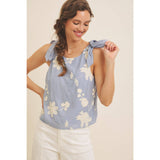 ROMANTIC EMBROIDERY BLOUSE TOP WITH BOW STRAPS: DUSTY BLUE / L