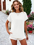Striped Textured Round Neck Short Sleeve T-Shirt: White / XL 16-18