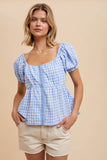 GINGHAM BABYDOLL TOP W/ HOOK & EYE: POWDER BLUE / M