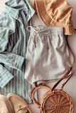 Linen Blend Elastic Waist Drawstring Shorts: White / S-M-L:2-2-2