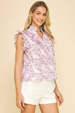 FLORAL RUFFLE DETAILED BLOUSE TOP - 6212T: Blue / L