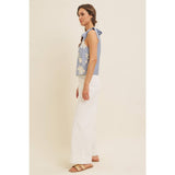 ROMANTIC EMBROIDERY BLOUSE TOP WITH BOW STRAPS: DUSTY BLUE / M