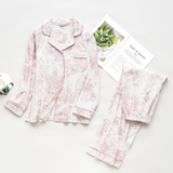 Pink Toile Women Pajamas Set – Summer Cotton Loungewear : XS
