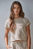 L8945T | Knit Polyester Cotton Striped Short Sleeve Top: Grey Blue / S