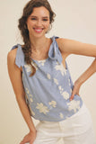 ROMANTIC EMBROIDERY BLOUSE TOP WITH BOW STRAPS: DUSTY BLUE / M