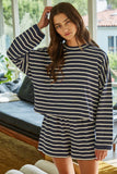 L8797T | Knit Cotton Striped Mock Neck Long Sleeve : Blue White / S