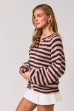 RAGLAN LONG SLEEVE CREW NECK STRIPED SWEATER CARDIGAN: BLUE-LT BLUE STRIPE / L