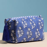 Blue Quilted Floral Cosmetic Pouch – Zipper Makeup Bag with Tassel: BL / ONE