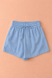 Linen Blend Elastic Waist Drawstring Shorts: White / S-M-L:2-2-2