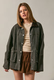 OVERSIZED WASHED BARN JACKET WITH LEATHER COLLAR: NAVY-DK BROWN / L
