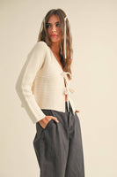 J4721   LONG SLEEVE KNITTED TIE FRONT CARDIGAN: Beige / L