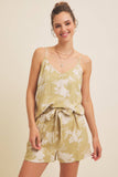V-NECK FLORAL PRINT LINEN BLEND CAMI TOP: SAGE / L