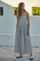 L6998 | Striped Tube Neck Strapless Flare Maxi Dress: Dusty Blue / S