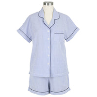 Blue Seersucker-Navy Short Sleeve Shorty Pajamas: S