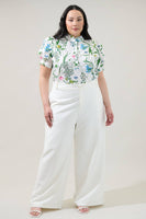 Clove Garden Floral Puff Sleeve Top Curve: WHT-PINK-GREEN / 3X