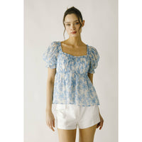 JT6166- TOILE FLORAL PRINT BABY DOLL TOP: WHITE BLUE FLORAL / M