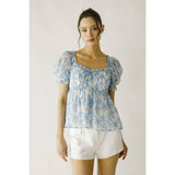 JT6166- TOILE FLORAL PRINT BABY DOLL TOP: WHITE BLUE FLORAL / L