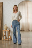 Washed Denim Pants with Faux Suede Side Line Detail and Wais: Denim / L