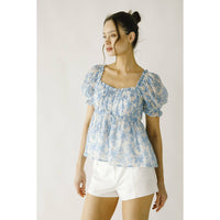 JT6166- TOILE FLORAL PRINT BABY DOLL TOP: WHITE BLUE FLORAL / S