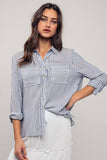 Relaxed Fit Vertical Striped Rayon Button Down Shirt: BLUE / S-2/M-2/L-2