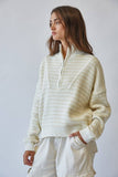 HSW1288 Preppy Californian Half-zip Striped Sweater-Ecru: ECRU / S-M-L (3-2-1)